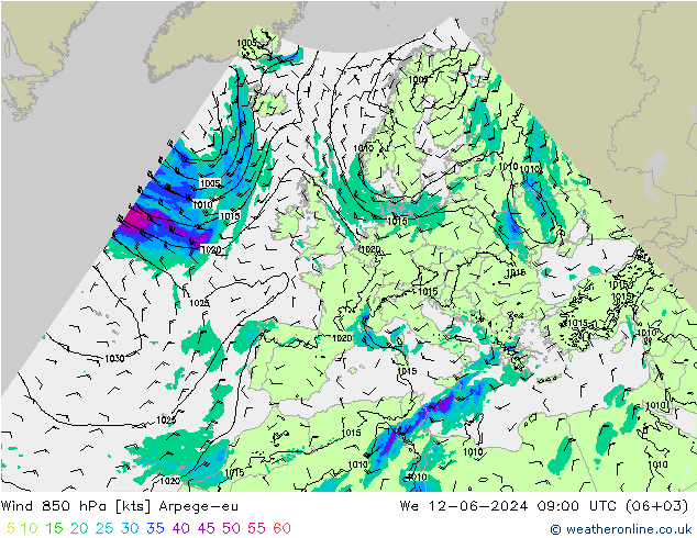 Vento 850 hPa Arpege-eu mer 12.06.2024 09 UTC