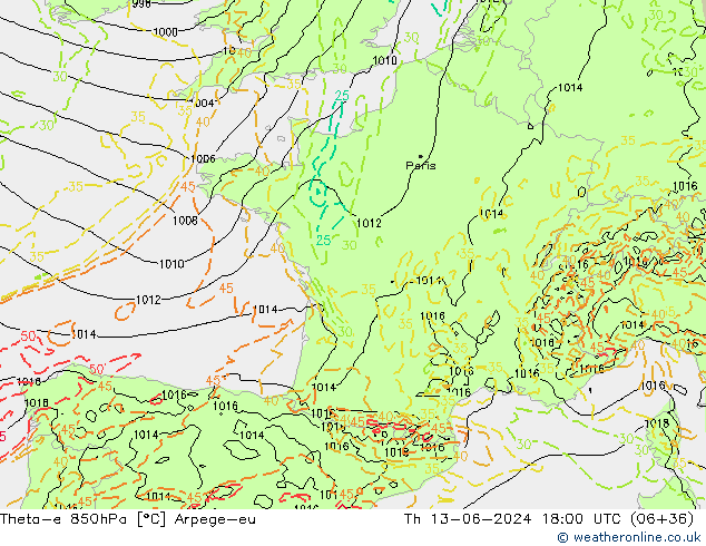 Theta-e 850hPa Arpege-eu do 13.06.2024 18 UTC