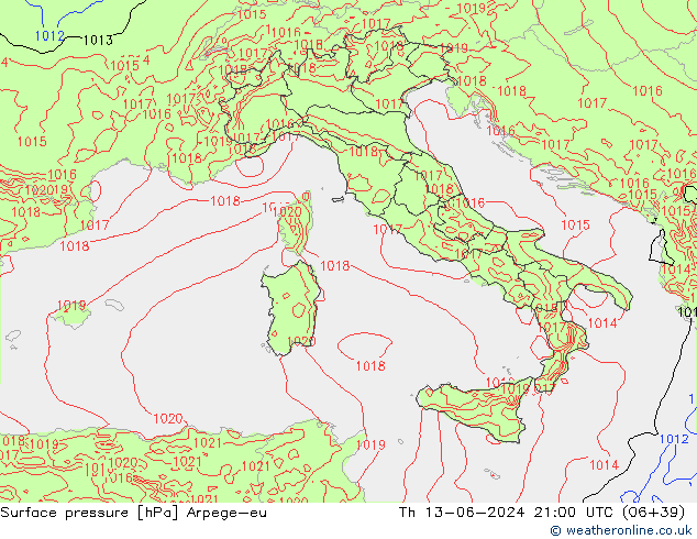 Atmosférický tlak Arpege-eu Čt 13.06.2024 21 UTC