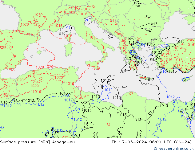 приземное давление Arpege-eu чт 13.06.2024 06 UTC