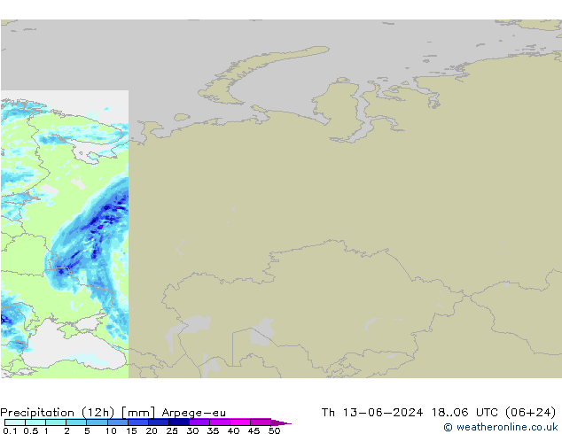 осадки (12h) Arpege-eu чт 13.06.2024 06 UTC