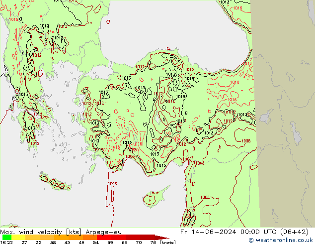 Max. wind velocity Arpege-eu ven 14.06.2024 00 UTC