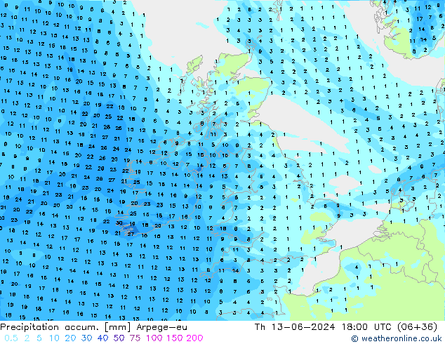 Precipitation accum. Arpege-eu  13.06.2024 18 UTC