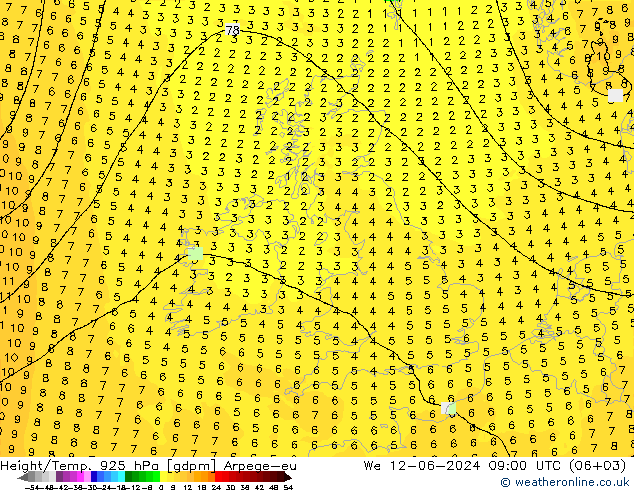 Géop./Temp. 925 hPa Arpege-eu mer 12.06.2024 09 UTC