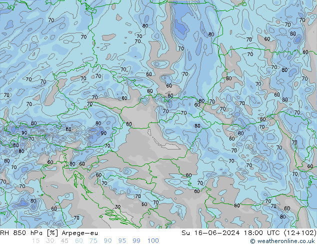 RH 850 hPa Arpege-eu Su 16.06.2024 18 UTC