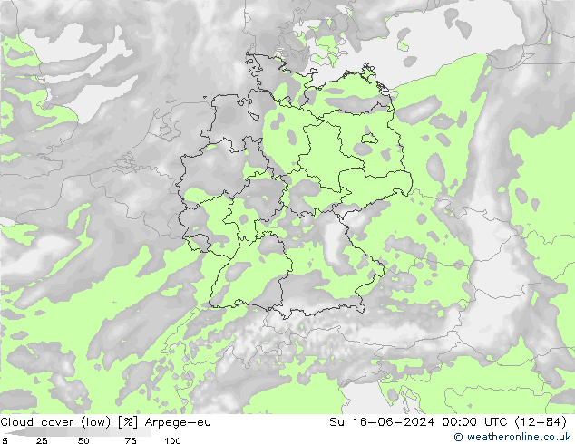 Cloud cover (low) Arpege-eu Su 16.06.2024 00 UTC
