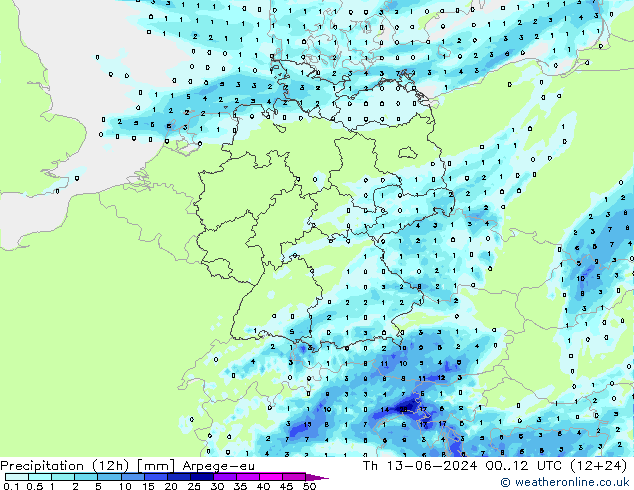 Precipitazione (12h) Arpege-eu gio 13.06.2024 12 UTC