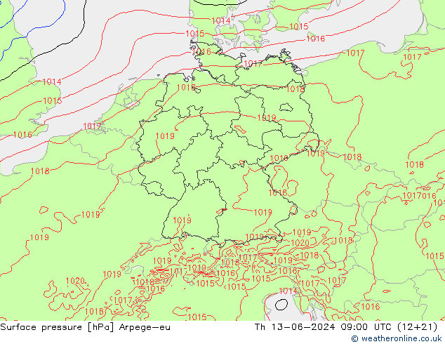 Presión superficial Arpege-eu jue 13.06.2024 09 UTC