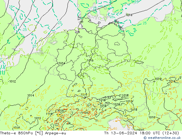 Theta-e 850hPa Arpege-eu Qui 13.06.2024 18 UTC