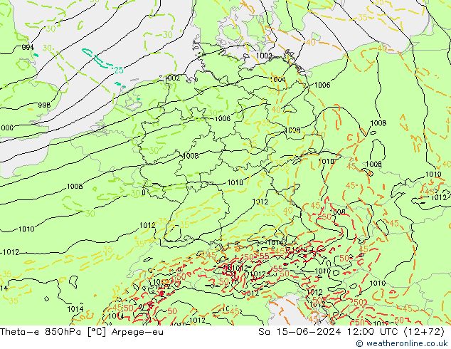 Theta-e 850hPa Arpege-eu Sáb 15.06.2024 12 UTC