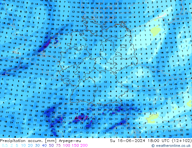 Precipitation accum. Arpege-eu nie. 16.06.2024 18 UTC