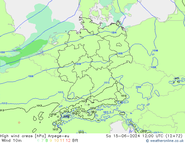 High wind areas Arpege-eu Sa 15.06.2024 12 UTC