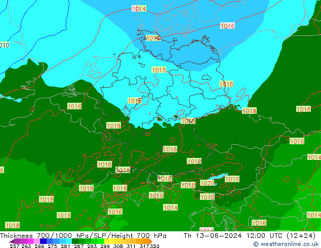 Thck 700-1000 hPa Arpege-eu Th 13.06.2024 12 UTC