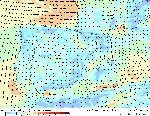 Vento 10 m (bft) Arpege-eu sab 15.06.2024 00 UTC