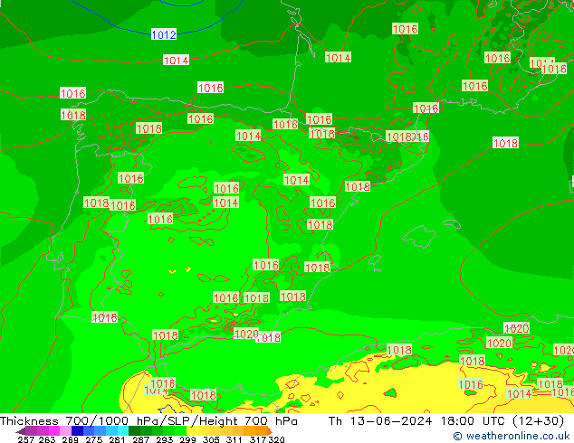 Dikte700-1000 hPa Arpege-eu do 13.06.2024 18 UTC