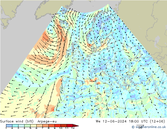 Wind 10 m (bft) Arpege-eu wo 12.06.2024 18 UTC