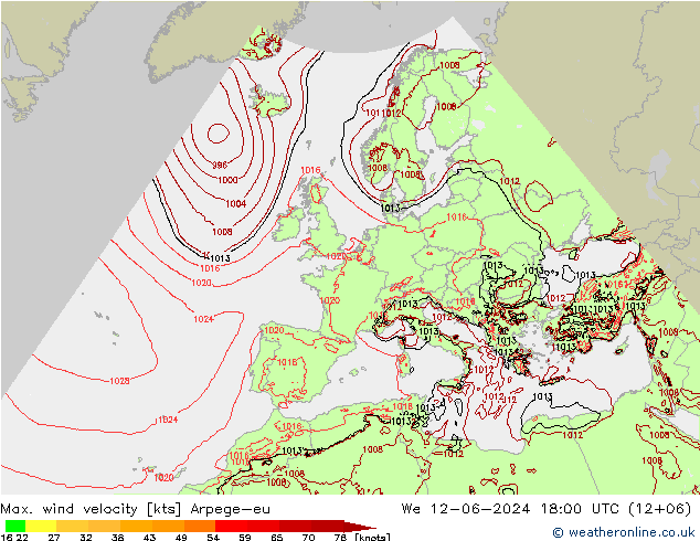 Max. wind velocity Arpege-eu We 12.06.2024 18 UTC