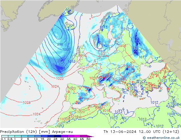 Precipitation (12h) Arpege-eu Th 13.06.2024 00 UTC