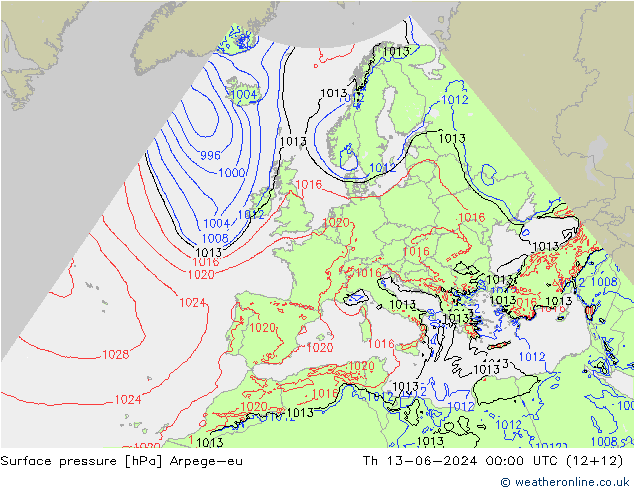 地面气压 Arpege-eu 星期四 13.06.2024 00 UTC