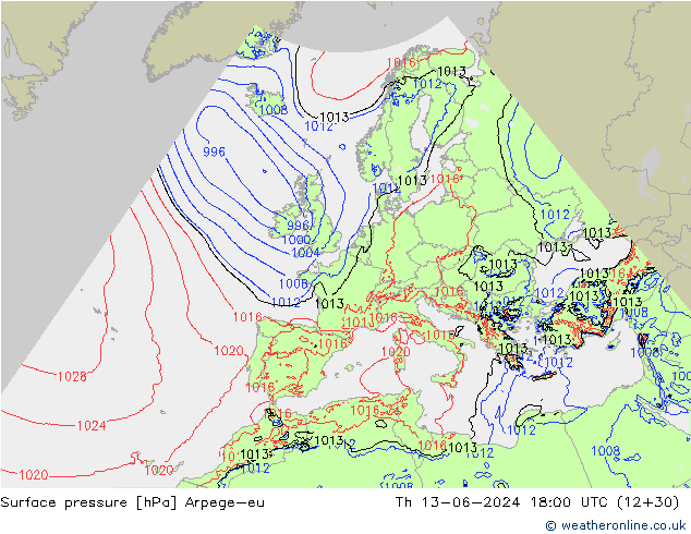 Surface pressure Arpege-eu Th 13.06.2024 18 UTC