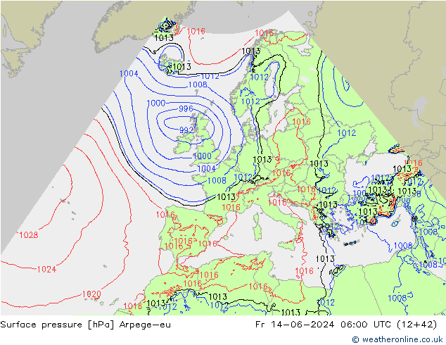 приземное давление Arpege-eu пт 14.06.2024 06 UTC