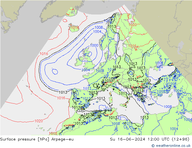 Surface pressure Arpege-eu Su 16.06.2024 12 UTC