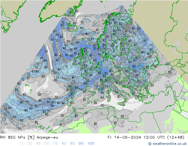 RH 850 hPa Arpege-eu Sex 14.06.2024 12 UTC