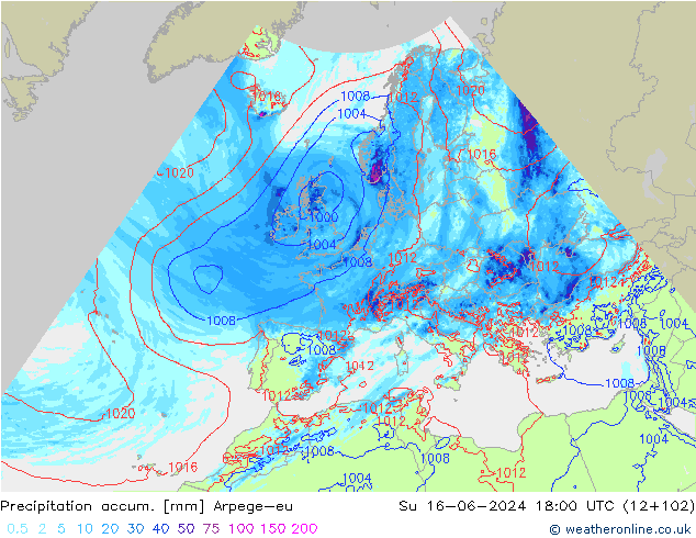 Precipitation accum. Arpege-eu Su 16.06.2024 18 UTC