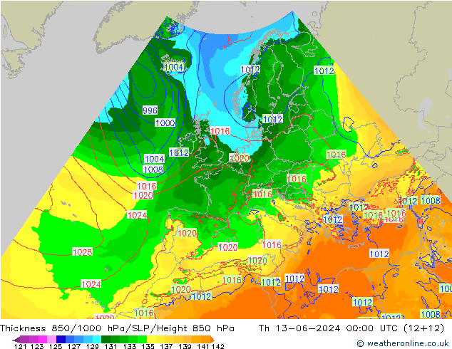 Espesor 850-1000 hPa Arpege-eu jue 13.06.2024 00 UTC