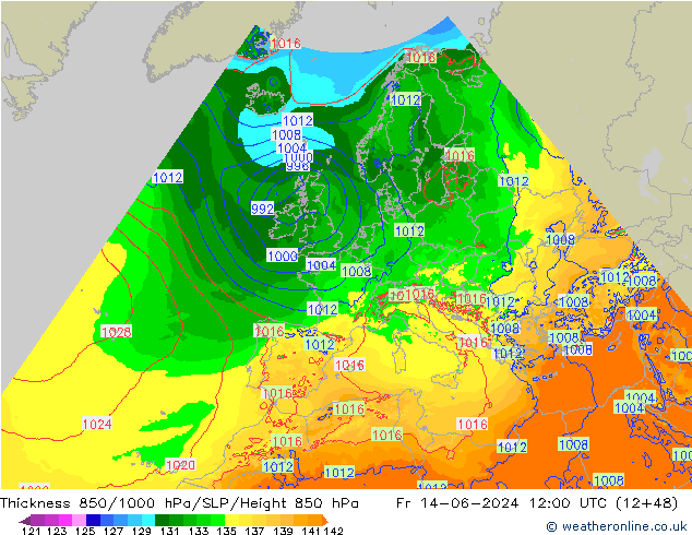 Espesor 850-1000 hPa Arpege-eu vie 14.06.2024 12 UTC