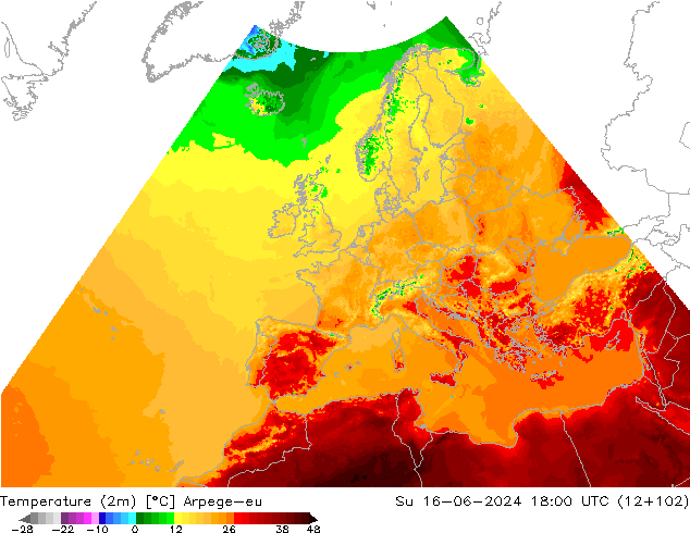 Temperatuurkaart (2m) Arpege-eu zo 16.06.2024 18 UTC