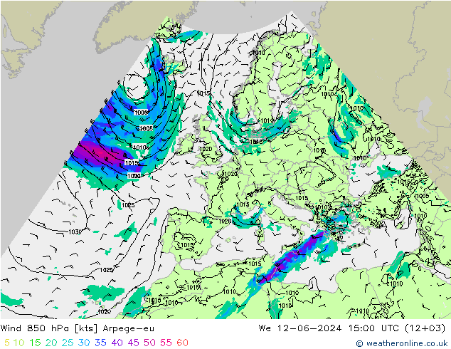 Vento 850 hPa Arpege-eu Qua 12.06.2024 15 UTC