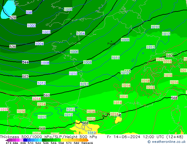 Thck 500-1000гПа Arpege-eu пт 14.06.2024 12 UTC