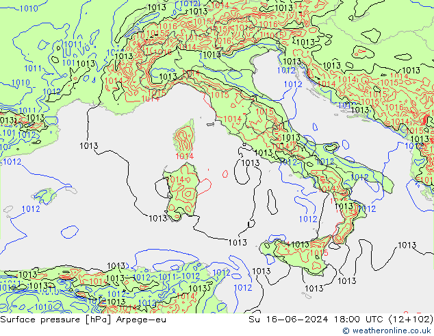 Pressione al suolo Arpege-eu dom 16.06.2024 18 UTC