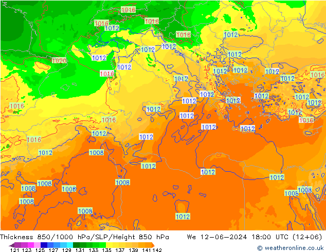 Espesor 850-1000 hPa Arpege-eu mié 12.06.2024 18 UTC