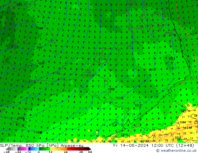 SLP/Temp. 850 hPa Arpege-eu ven 14.06.2024 12 UTC