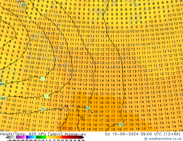 Height/Temp. 925 hPa Arpege-eu Sa 15.06.2024 09 UTC