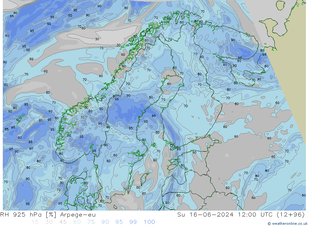 RH 925 hPa Arpege-eu So 16.06.2024 12 UTC