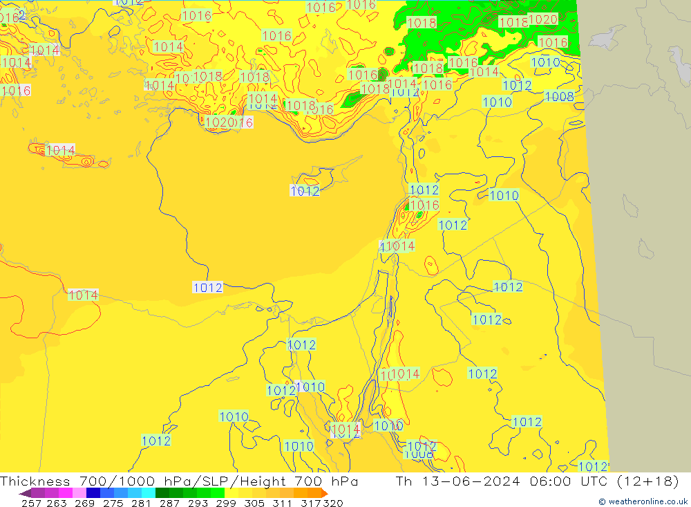 Thck 700-1000 hPa Arpege-eu Qui 13.06.2024 06 UTC