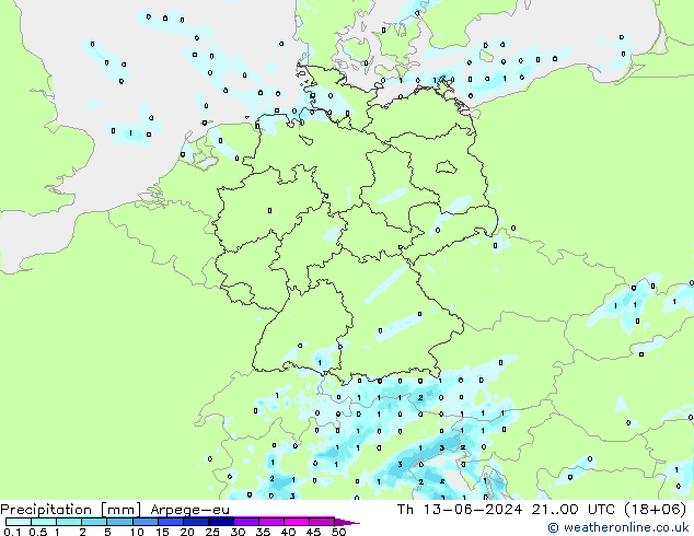 Precipitazione Arpege-eu gio 13.06.2024 00 UTC