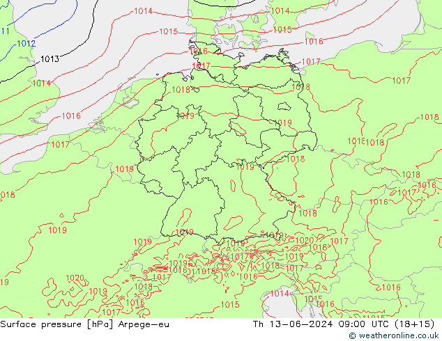 Atmosférický tlak Arpege-eu Čt 13.06.2024 09 UTC