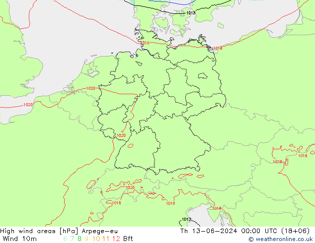 High wind areas Arpege-eu Th 13.06.2024 00 UTC