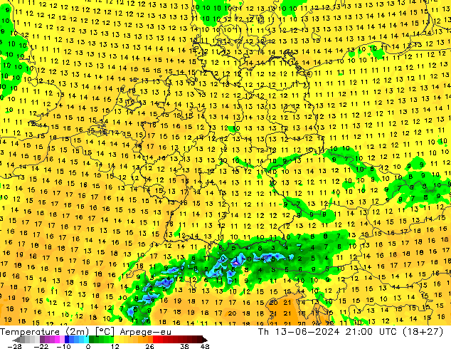 Temperature (2m) Arpege-eu Th 13.06.2024 21 UTC