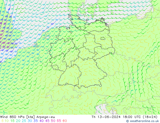 Viento 850 hPa Arpege-eu jue 13.06.2024 18 UTC