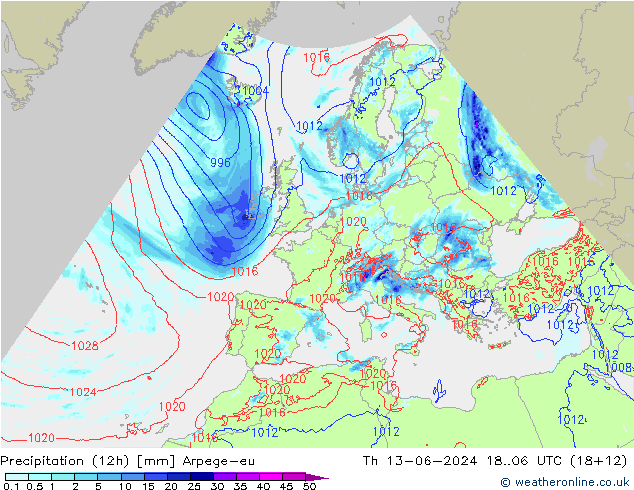 Totale neerslag (12h) Arpege-eu do 13.06.2024 06 UTC