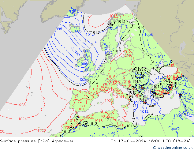 地面气压 Arpege-eu 星期四 13.06.2024 18 UTC