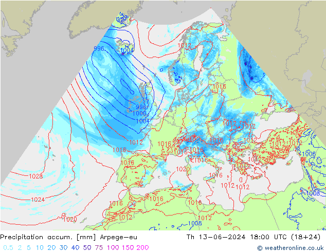 Precipitation accum. Arpege-eu Th 13.06.2024 18 UTC