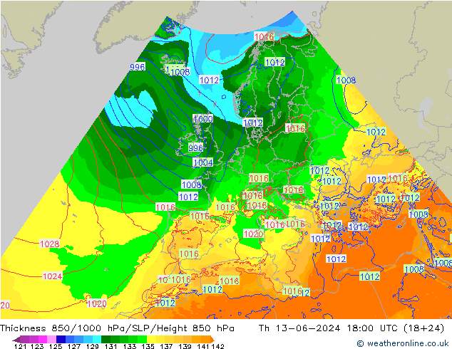 Schichtdicke 850-1000 hPa Arpege-eu Do 13.06.2024 18 UTC