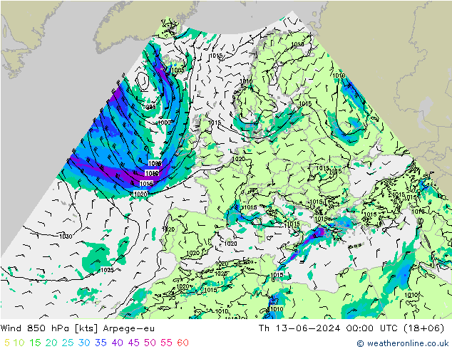 Wind 850 hPa Arpege-eu do 13.06.2024 00 UTC