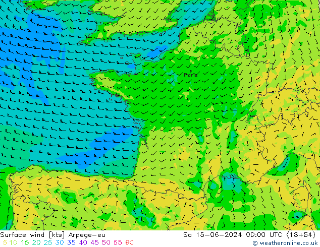 Viento 10 m Arpege-eu sáb 15.06.2024 00 UTC